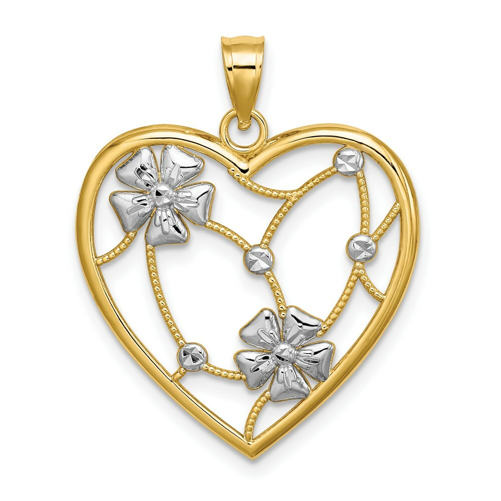 14K Yellow Gold with White Rhodium Flowers In Heart Frame Charm Pendant