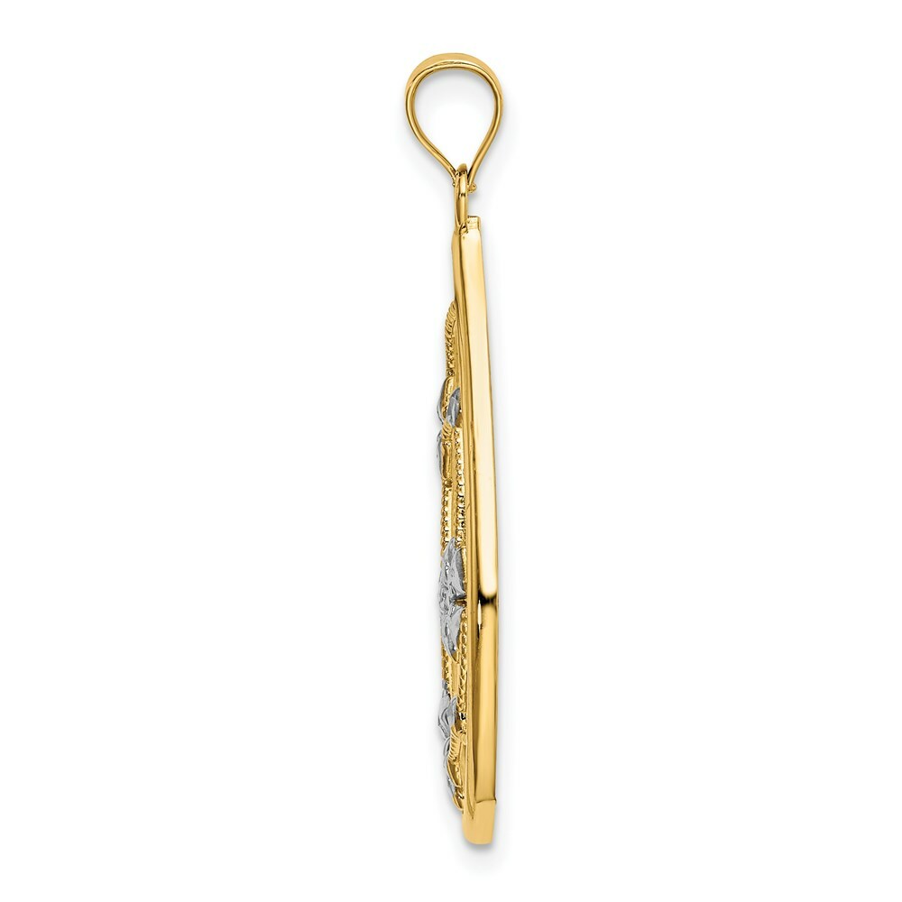 14K Yellow Gold with White Rhodium Flowers In Teardrop Frame Charm Pendant
