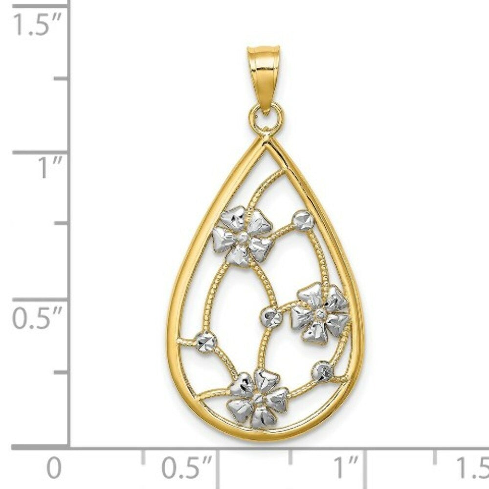 14K Yellow Gold with White Rhodium Flowers In Teardrop Frame Charm Pendant