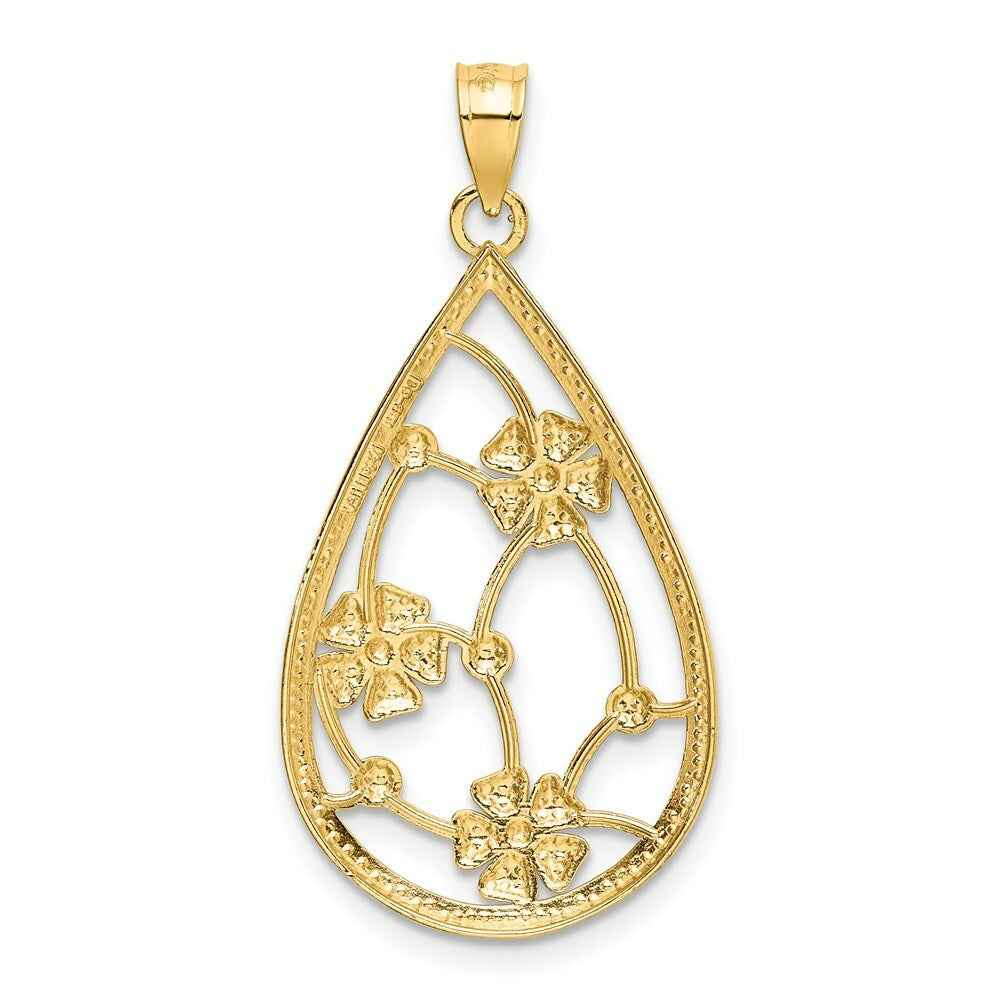 14K Yellow Gold with White Rhodium Flowers In Teardrop Frame Charm Pendant
