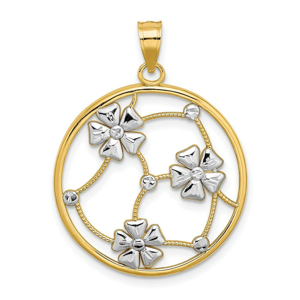 14K Yellow Gold with White Rhodium Flowers In Beaded Round Frame Charm Pendant