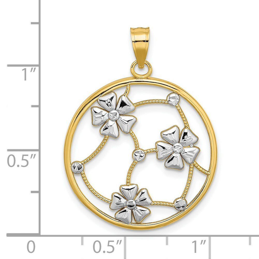 14K Yellow Gold with White Rhodium Flowers In Beaded Round Frame Charm Pendant