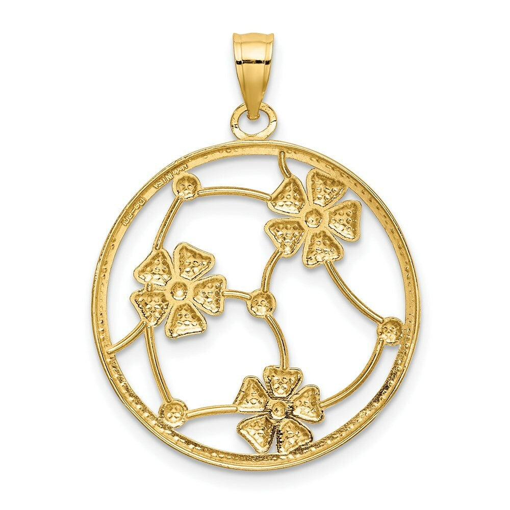 14K Yellow Gold with White Rhodium Flowers In Beaded Round Frame Charm Pendant