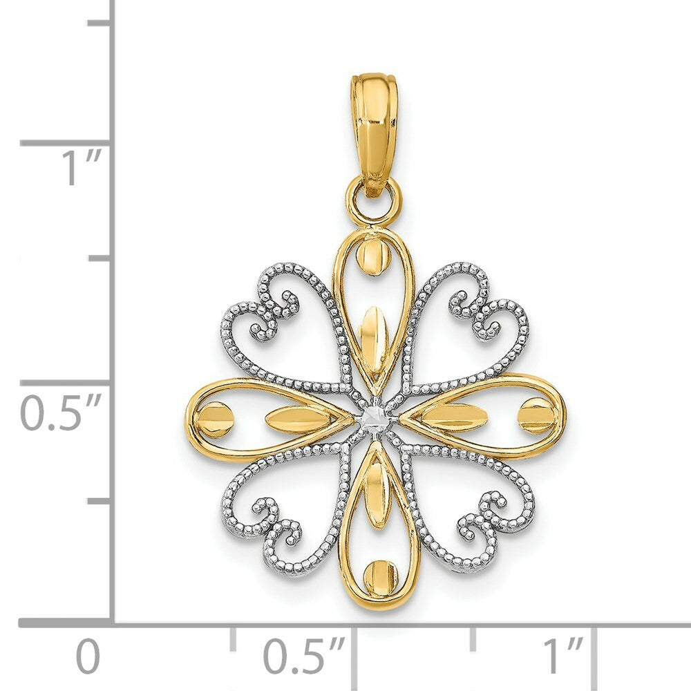 14K Yellow Gold with White Rhodium Beaded Heart Petals In Heart Charm Pendant