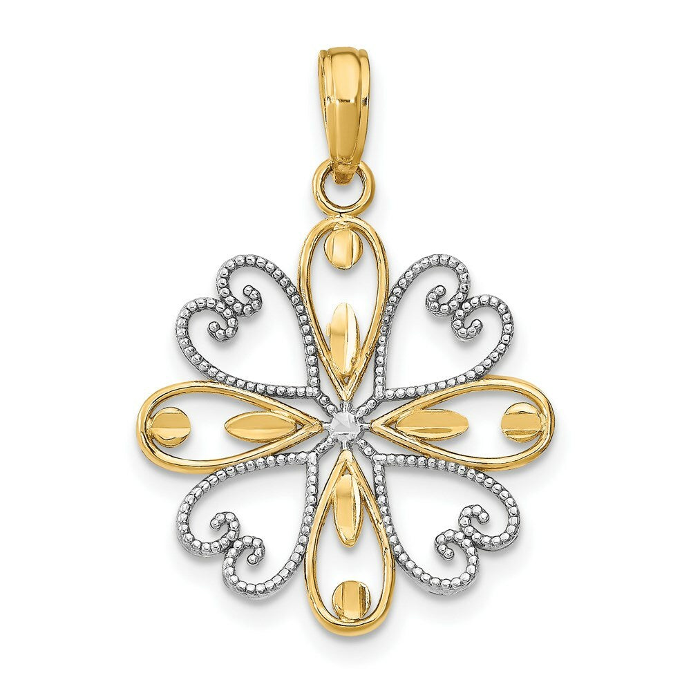 14K Yellow Gold with White Rhodium Beaded Heart Petals In Heart Charm Pendant