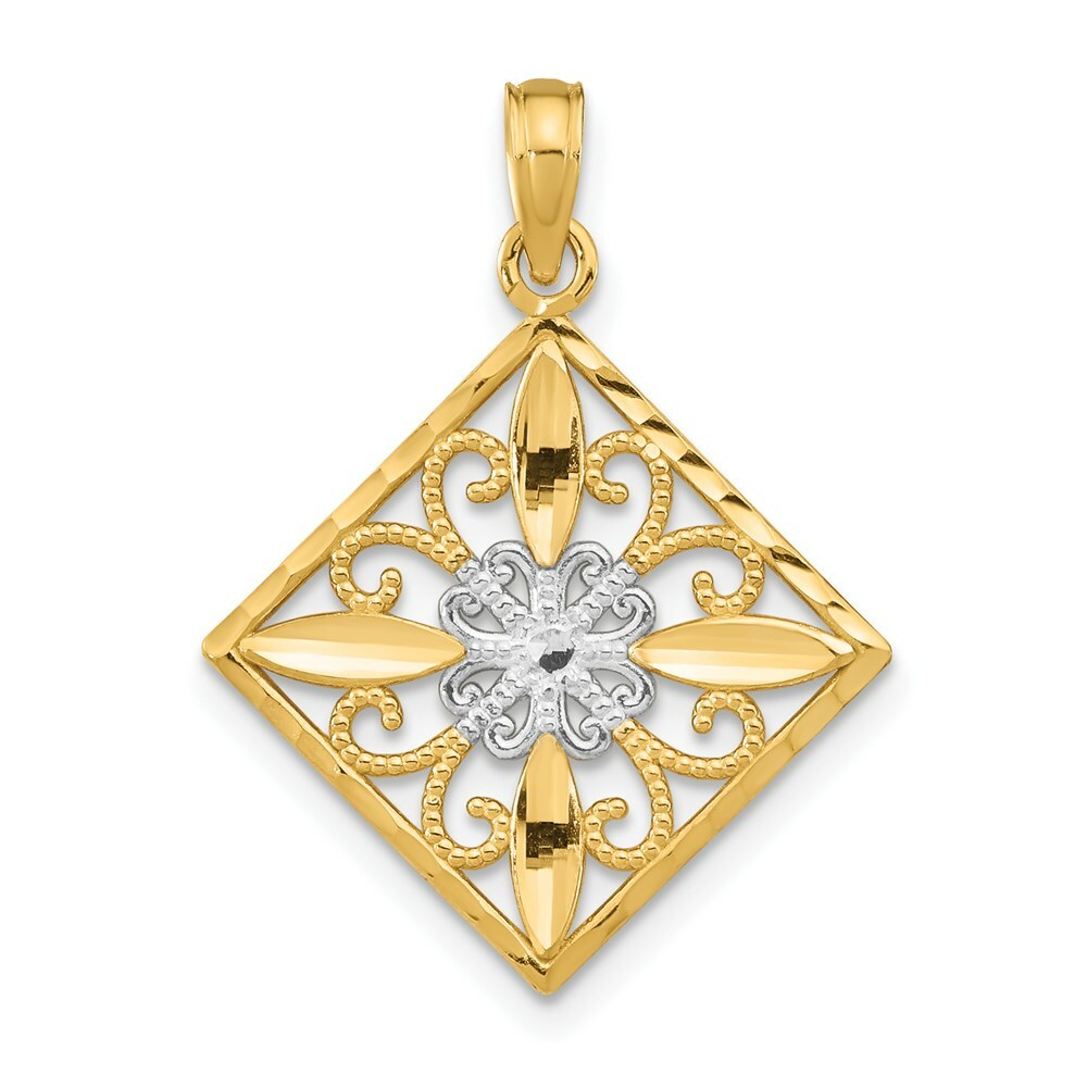 14K Yellow Gold with White Rhodium Flower with Cross Fashion Marquise Charm Pendant