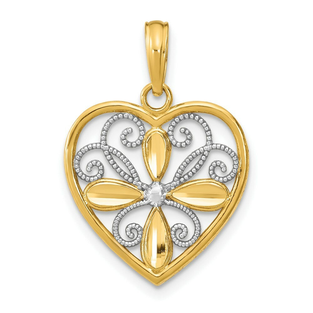 14K Yellow Gold with White Rhodium Beaded Filigree Fashion Heart Charm Pendant