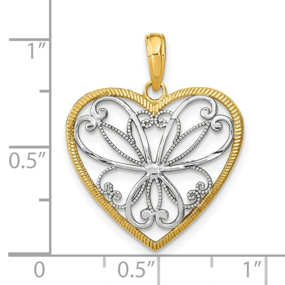 14K Yellow Gold with White Rhodium Filigree Heart Charm Pendant
