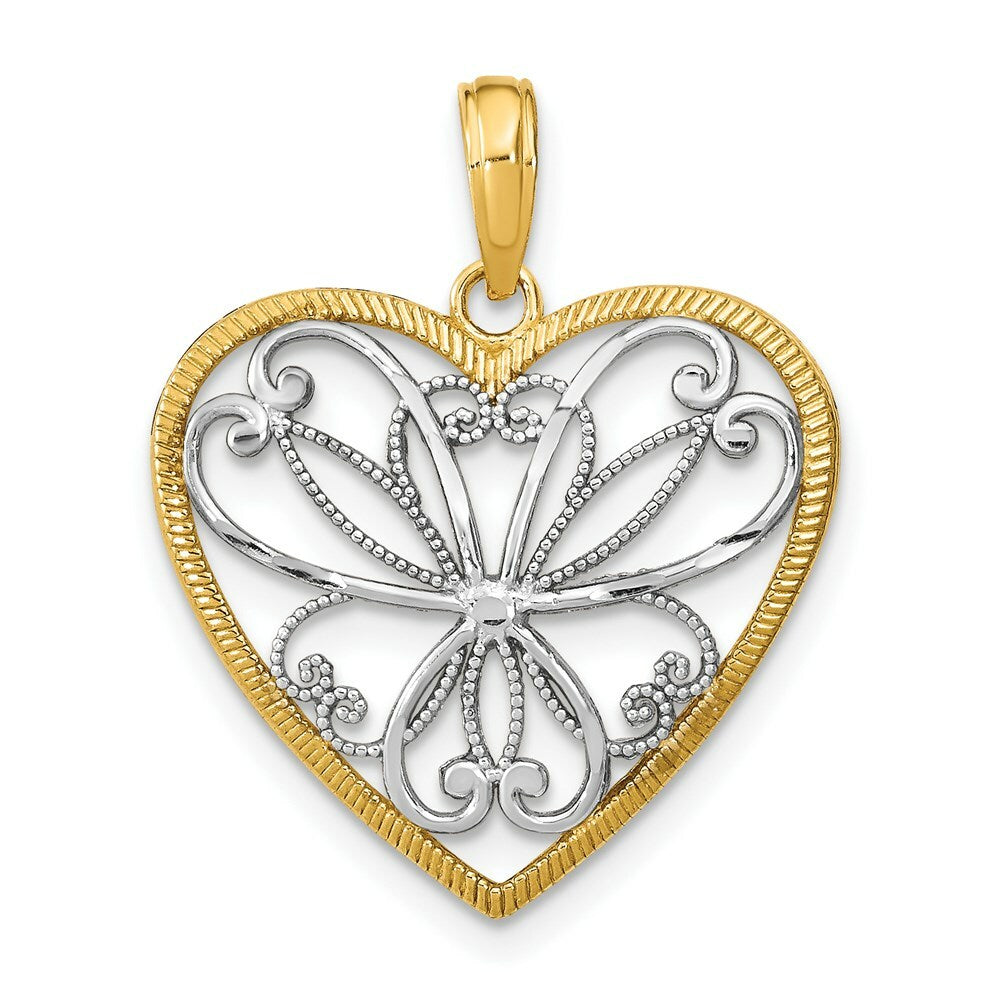 14K Yellow Gold with White Rhodium Filigree Heart Charm Pendant