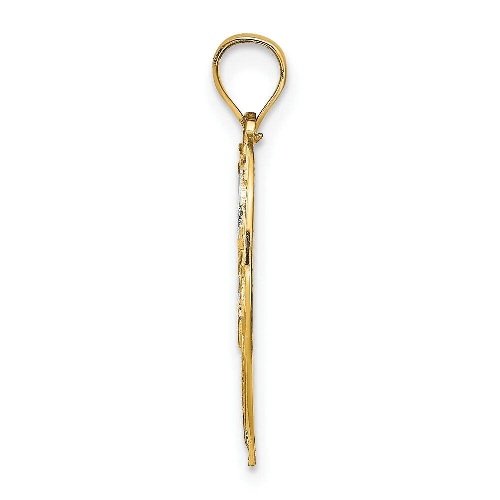 14K Yellow Gold with White Rhodium Filigree Center Round Frame Charm Pendant