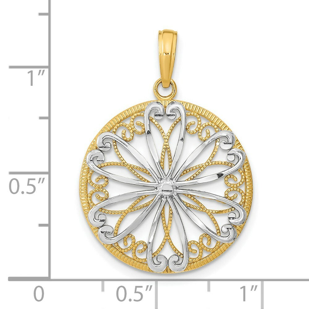 14K Yellow Gold with White Rhodium Filigree Center Round Frame Charm Pendant