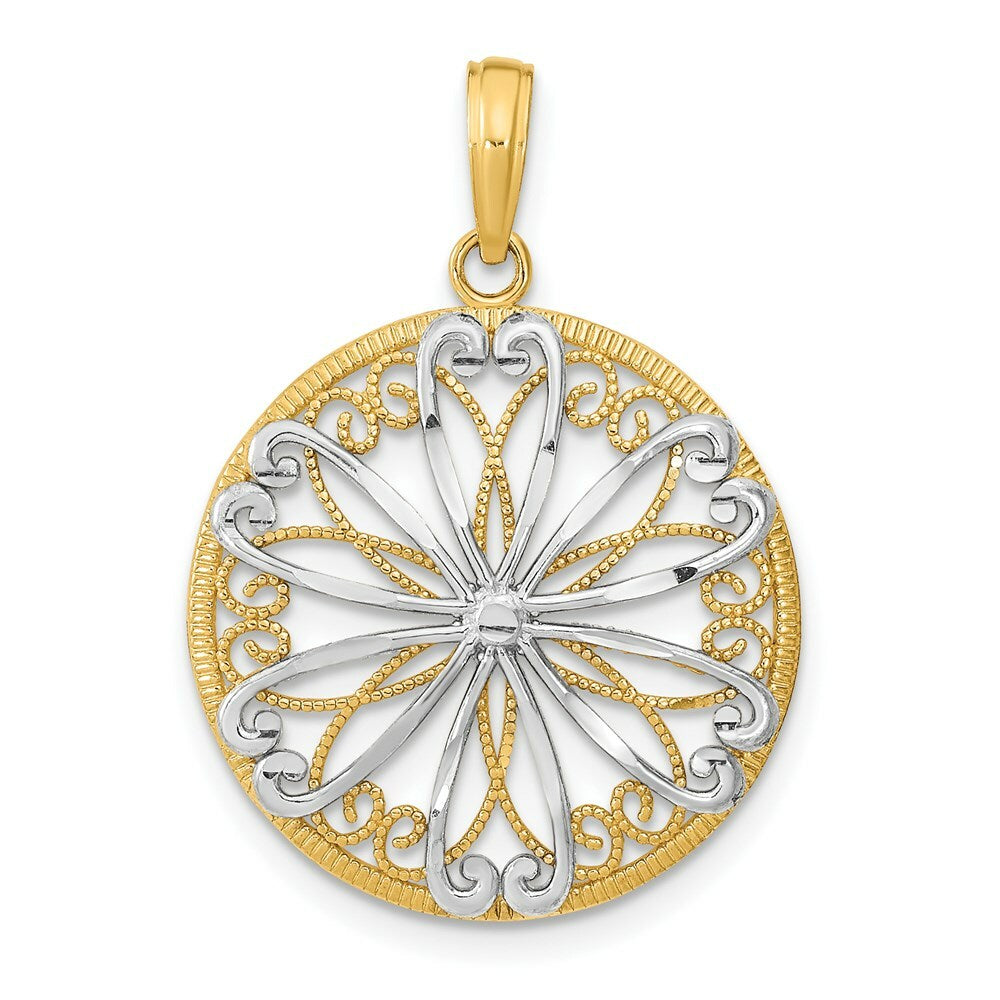 14K Yellow Gold with White Rhodium Filigree Center Round Frame Charm Pendant