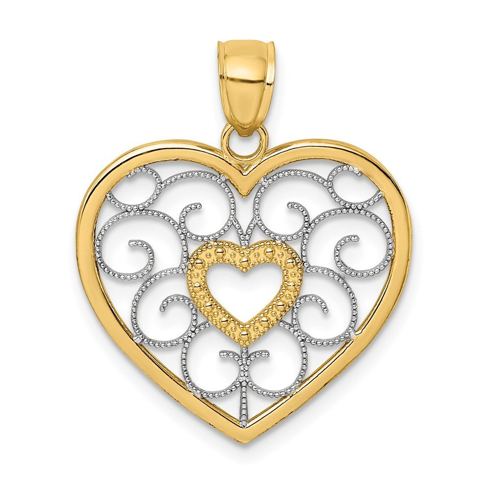 14K Yellow Gold with White Rhodium Filigree Heart Charm Pendant