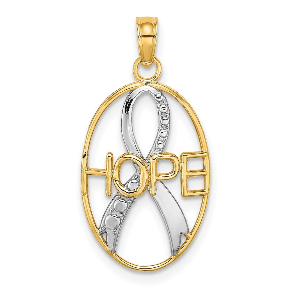 14k Yellow Gold and White Rhodium Textured HOPE With Ribbon Charm Pendant