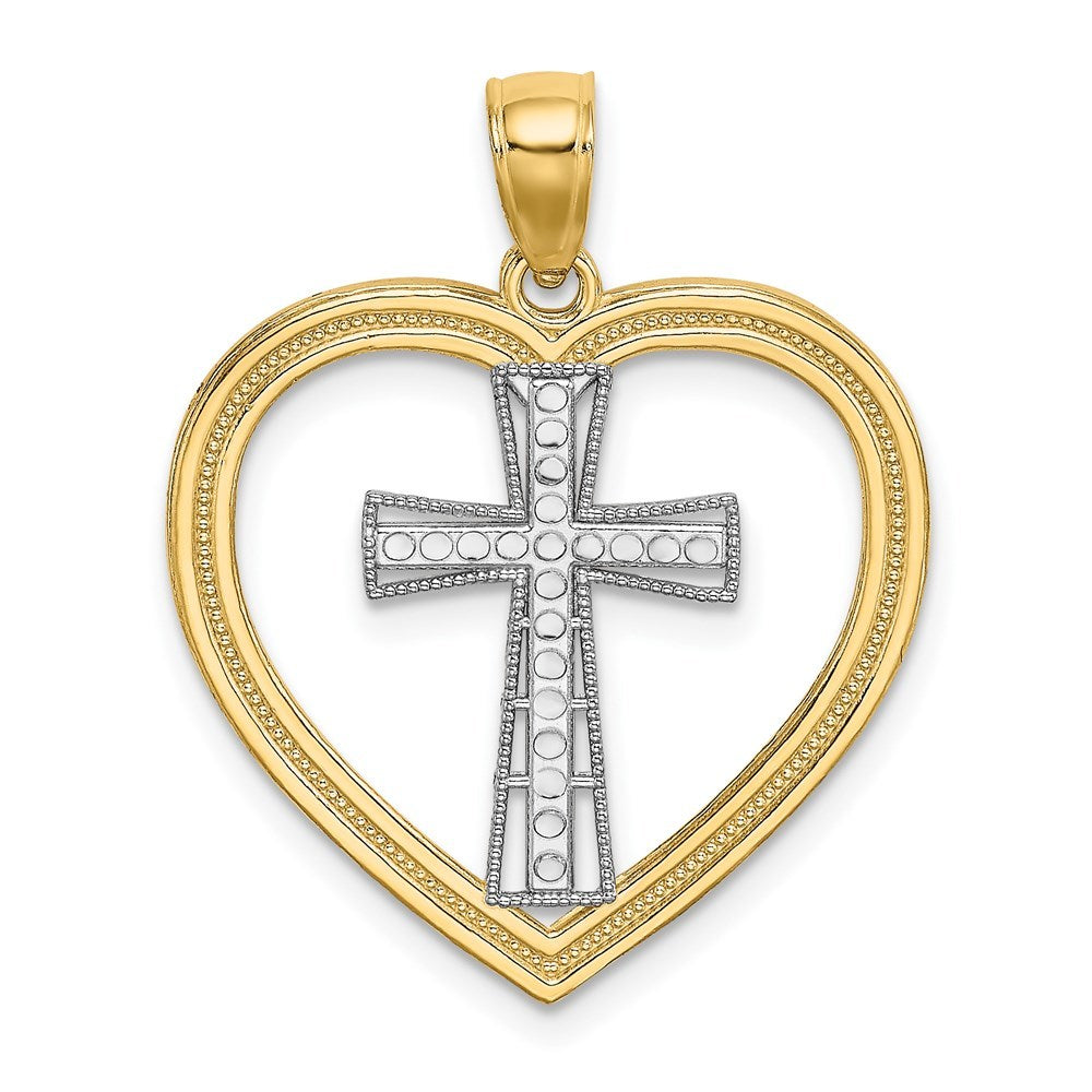 14K Yellow Gold HEART With WHITE Cross IN CENTER Charm Pendant