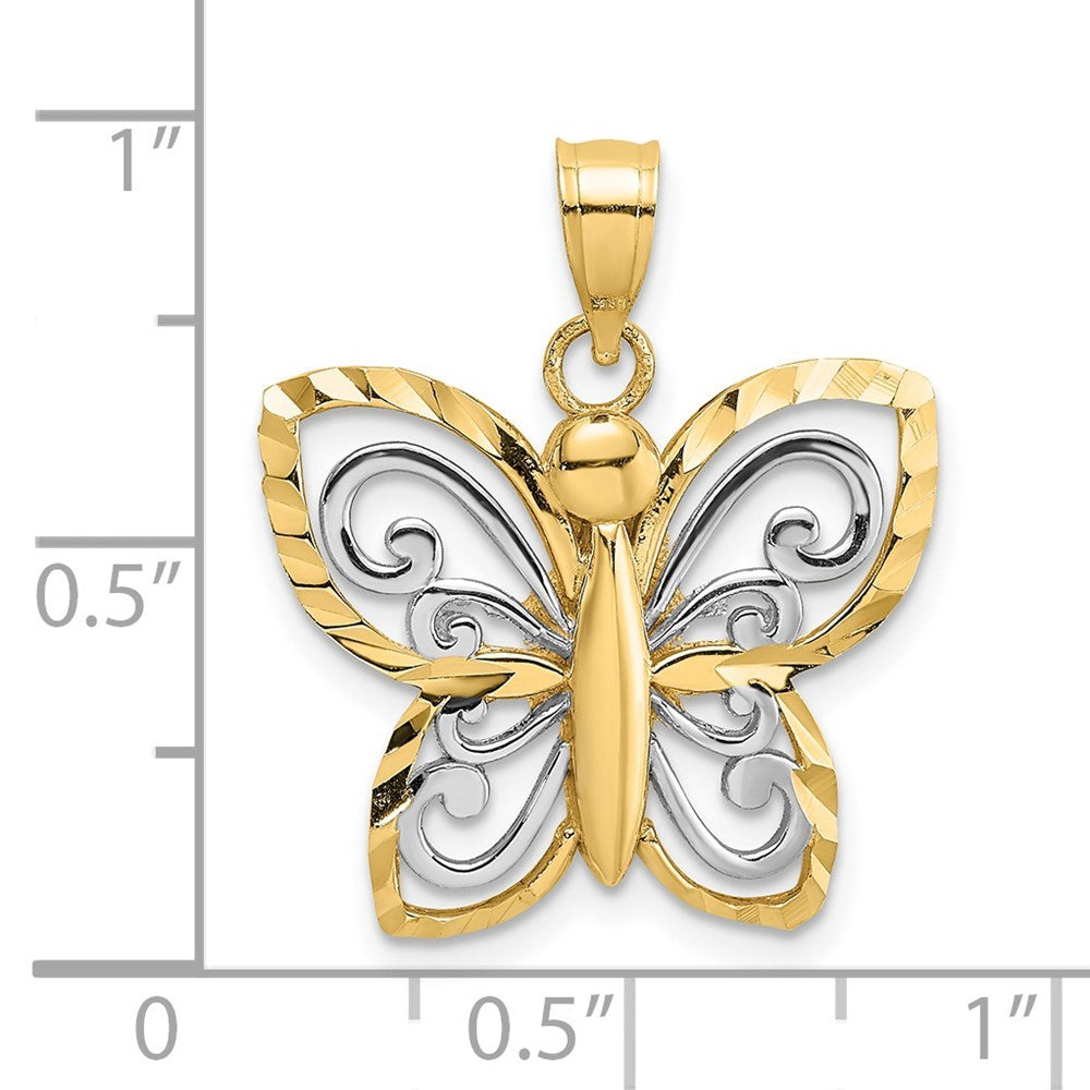 14K Yellow Gold with White Rhodium-Plated Diamond-cut Butterfly Charm Pendant