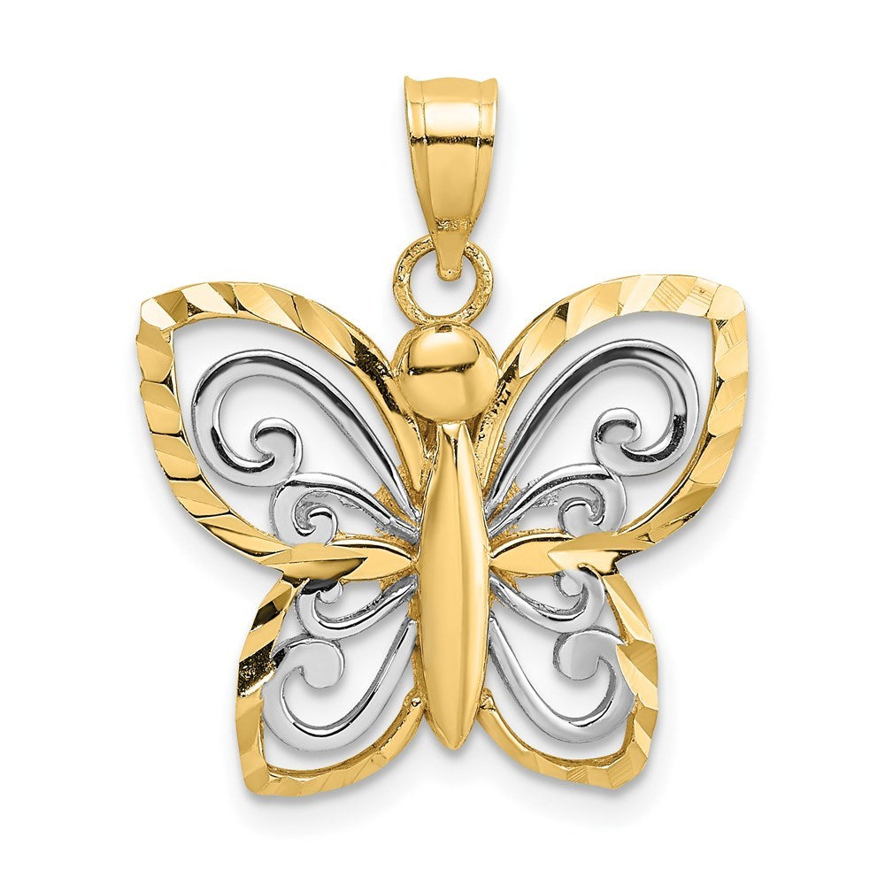 14K Yellow Gold with White Rhodium-Plated Diamond-cut Butterfly Charm Pendant