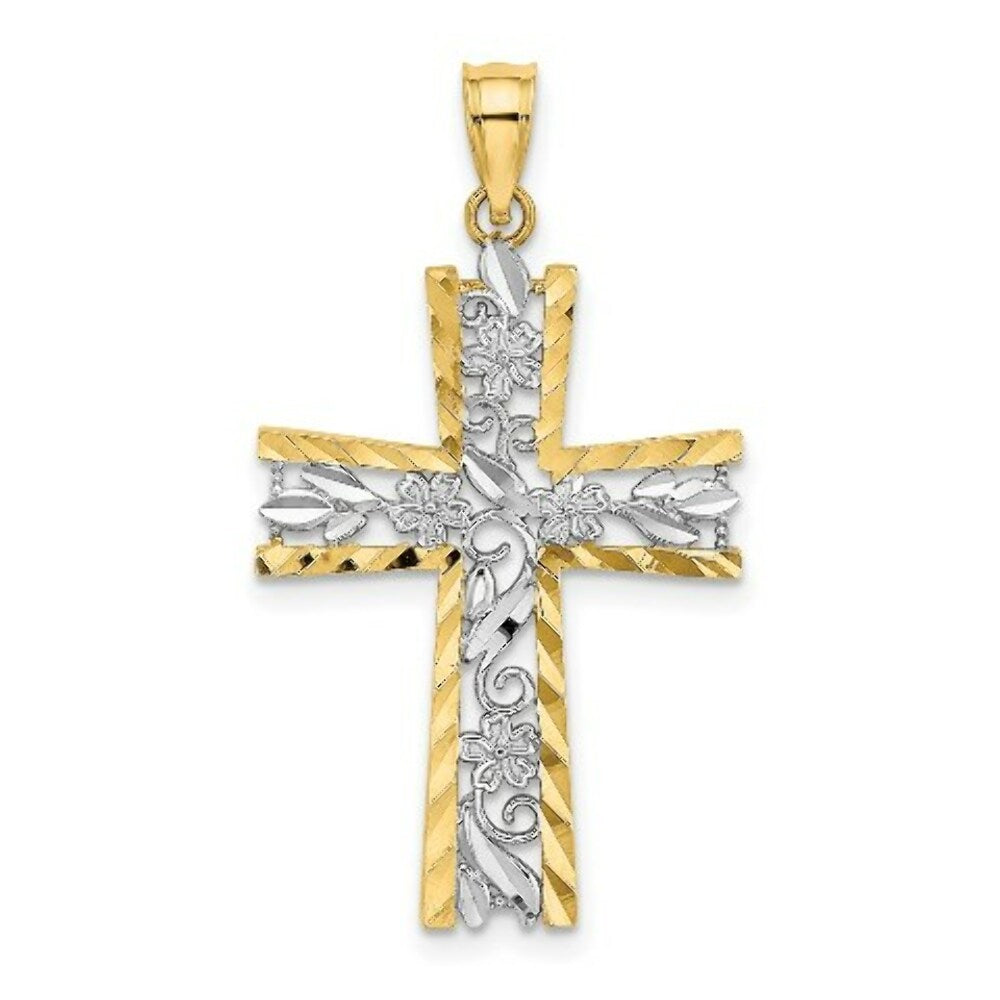 14K Yellow Gold with White Rhodium with Diamond-cut Flower Design Cross Charm Pendant