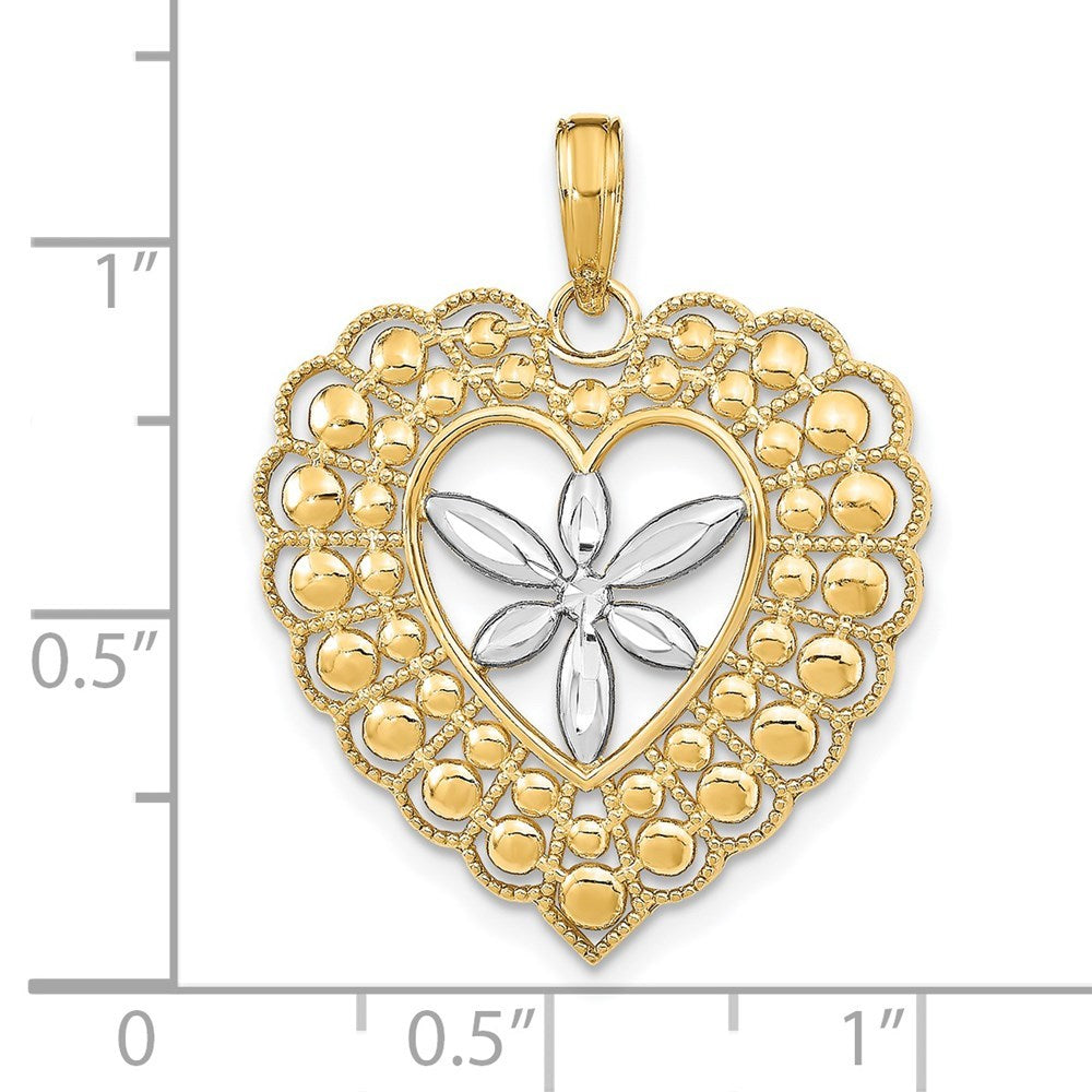 14K Yellow Gold with White Rhodium Flower with Beaded Heart Charm Pendant