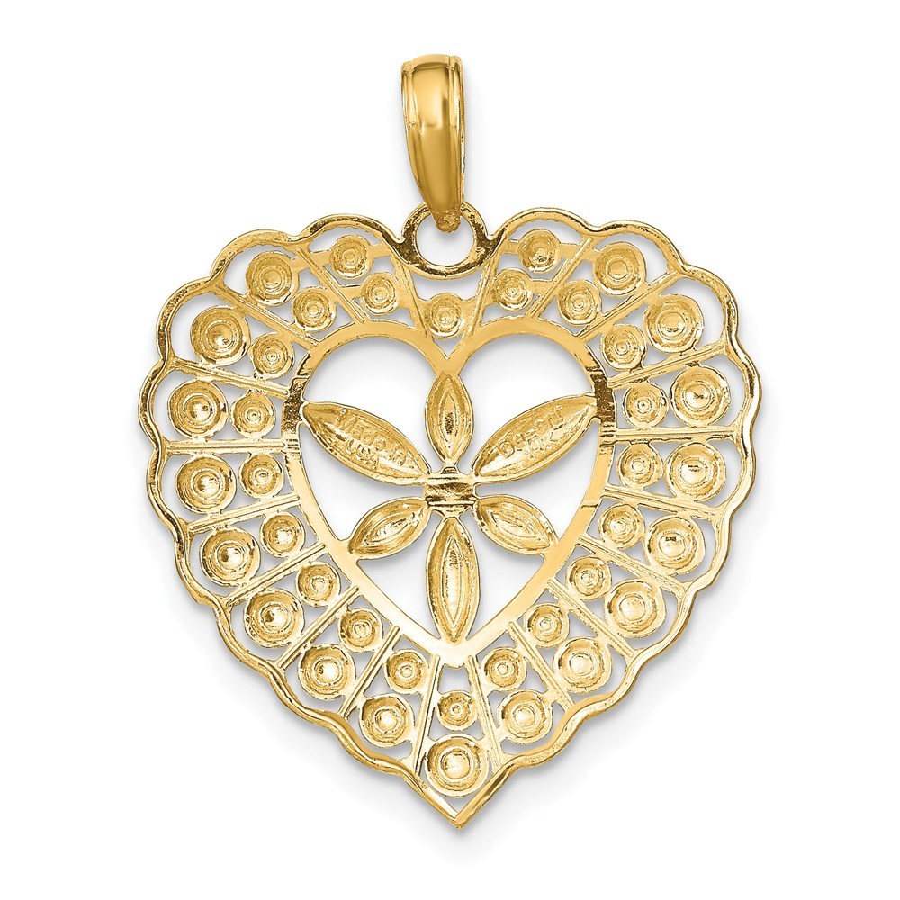 14K Yellow Gold with White Rhodium Flower with Beaded Heart Charm Pendant