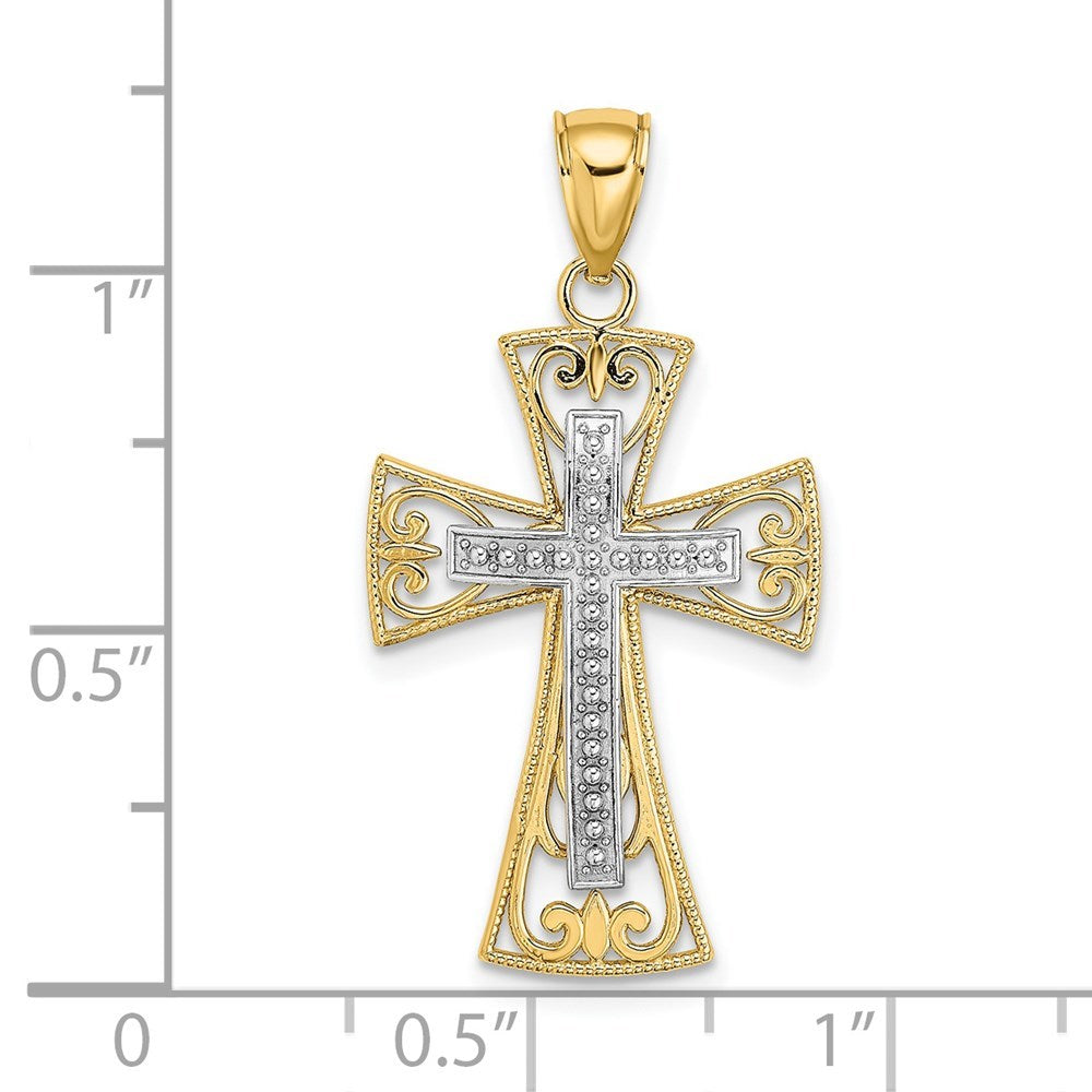 14K Two-tone Gold 2-D & Diamond-cut Beaded Filigree Cross Charm Pendant