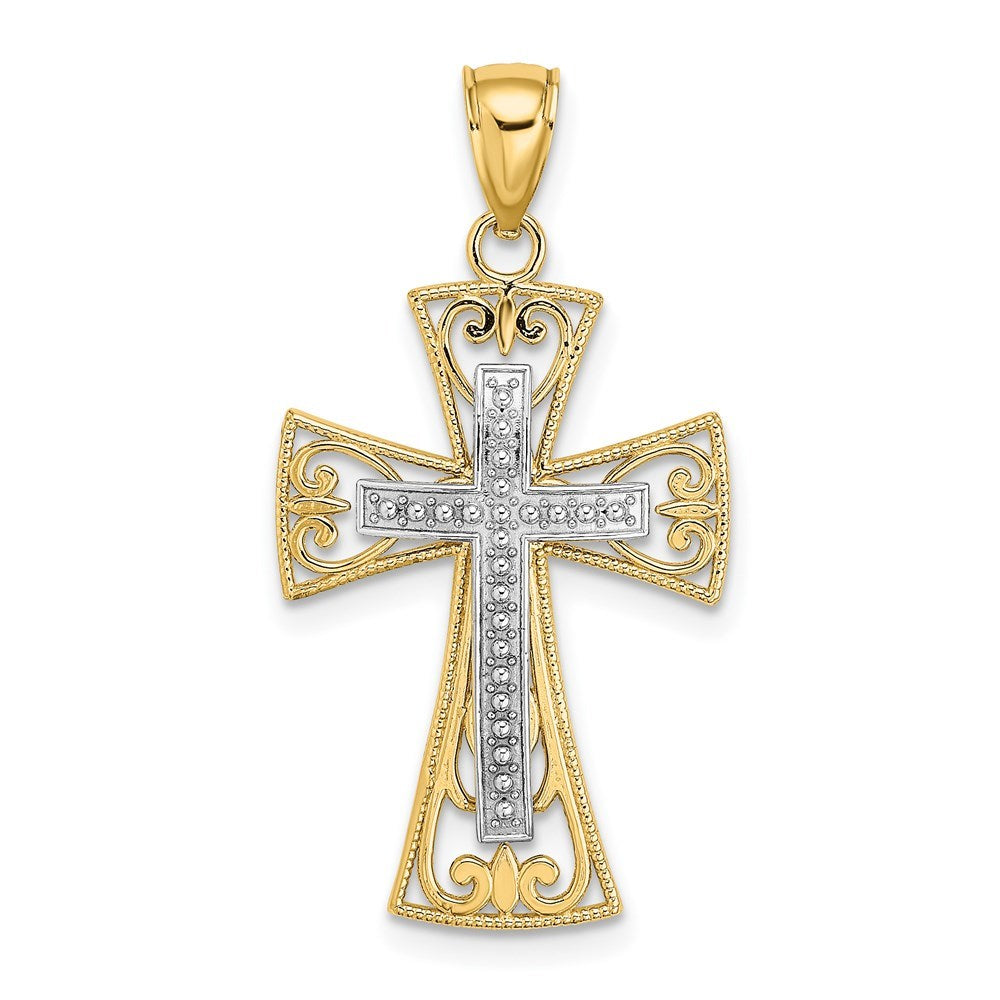 14K Two-tone Gold 2-D & Diamond-cut Beaded Filigree Cross Charm Pendant