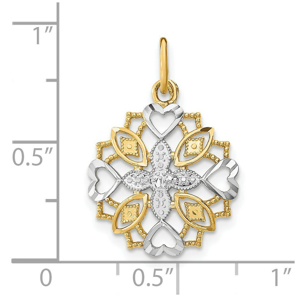 14K Yellow Gold with White Rhodium Center Flower with Heart Charm Pendant
