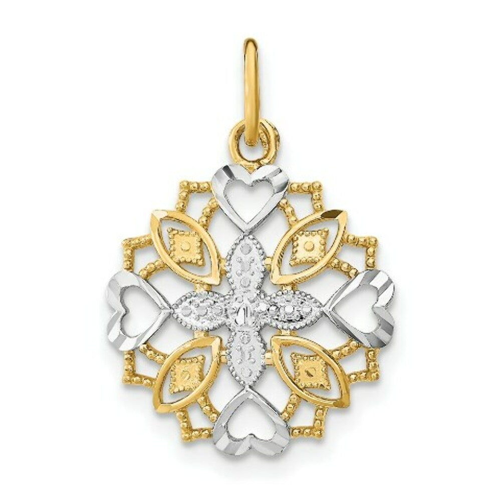 14K Yellow Gold with White Rhodium Center Flower with Heart Charm Pendant