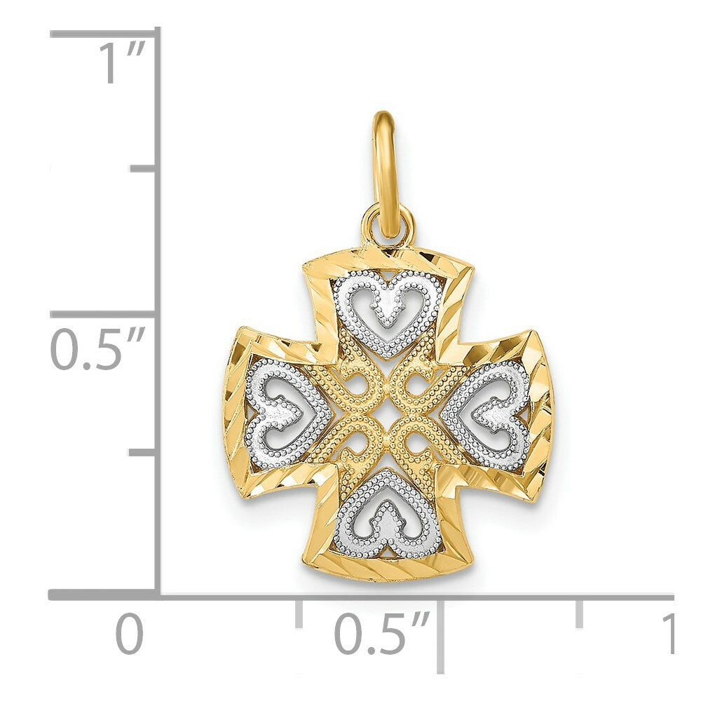 14K Yellow Gold with White Rhodium Hearts with Diamond-cut Maltese Cross Charm Pendant