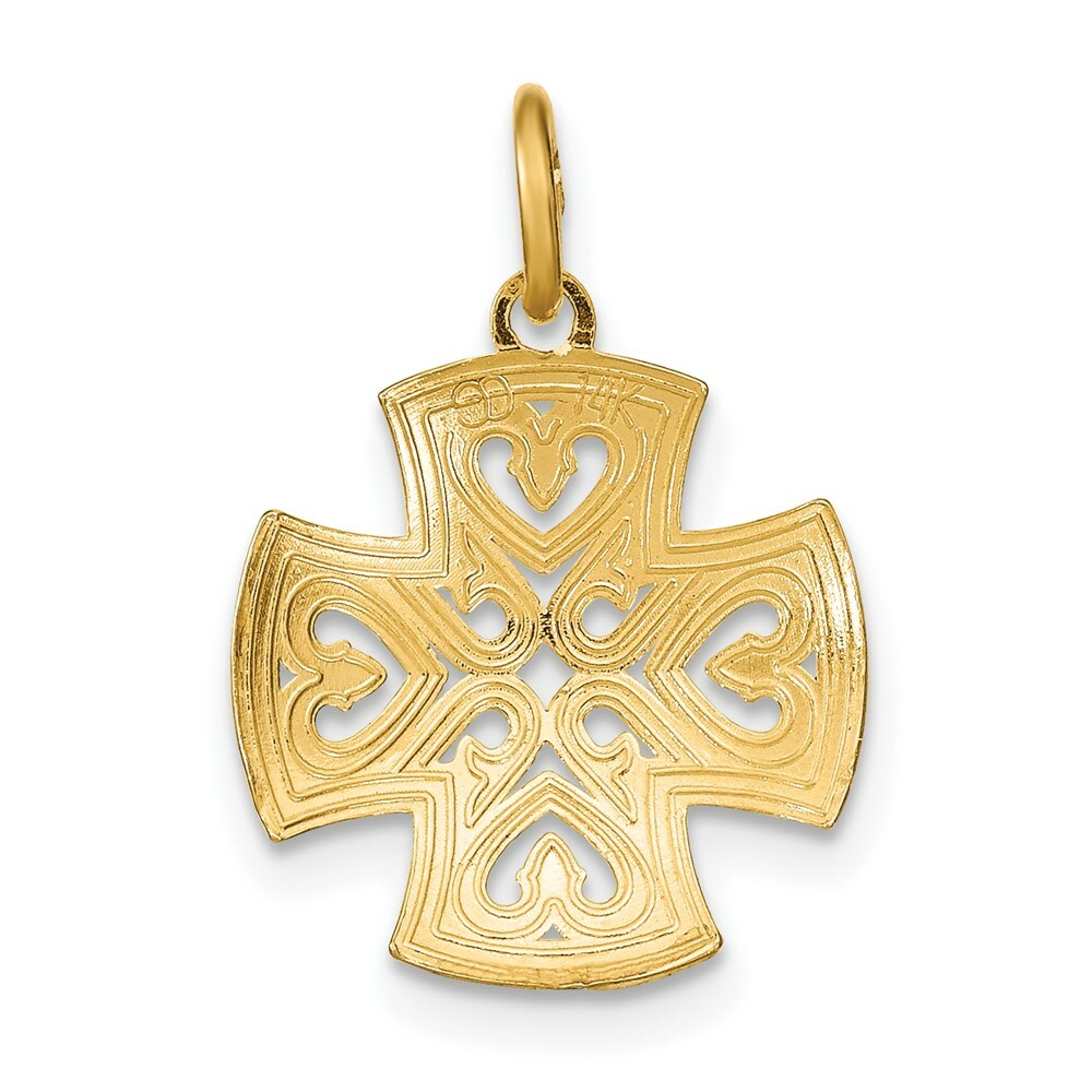 14K Yellow Gold with White Rhodium Hearts with Diamond-cut Maltese Cross Charm Pendant
