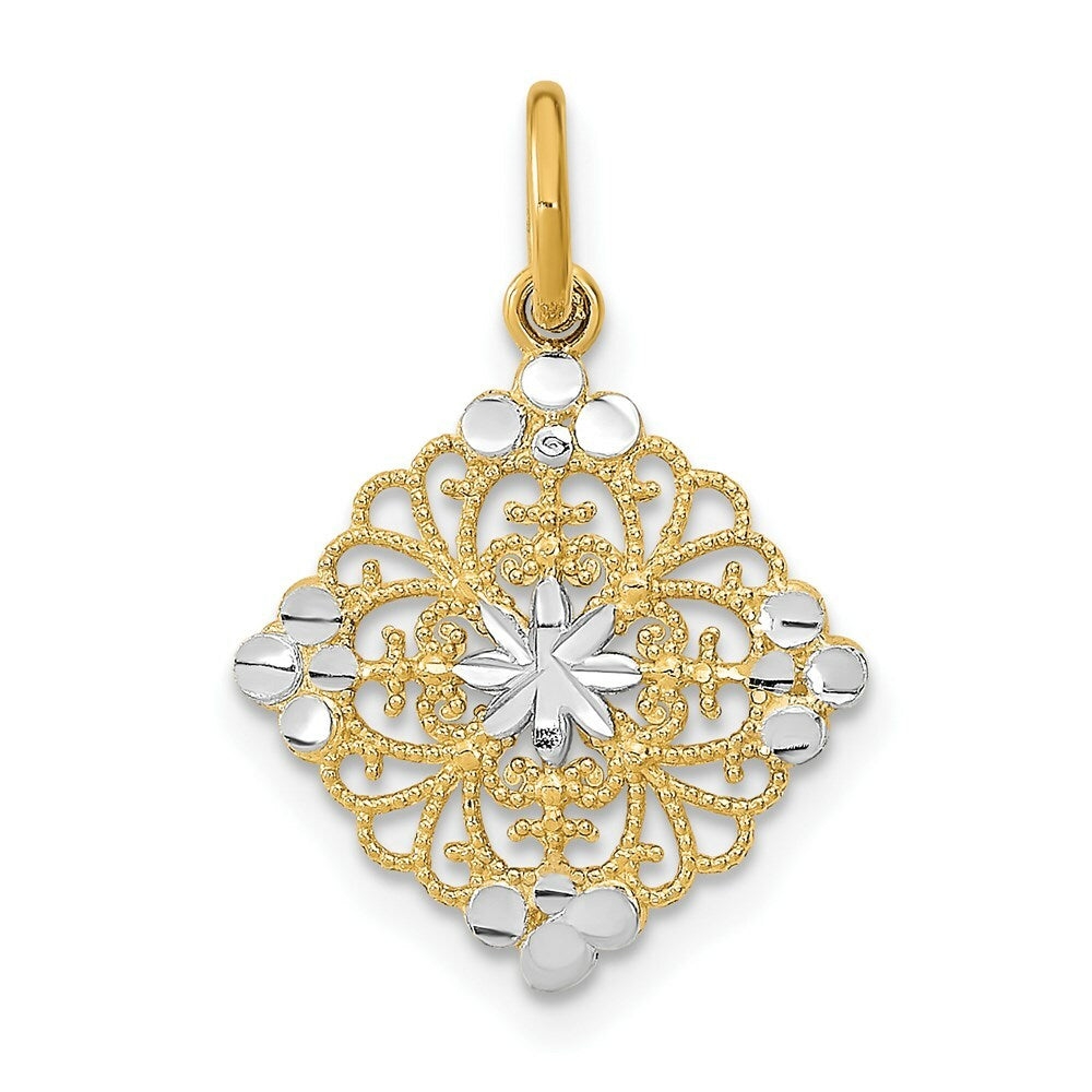 14K Yellow Gold with White Rhodium with Diamond-cut Filigree Medallion Charm Pendant