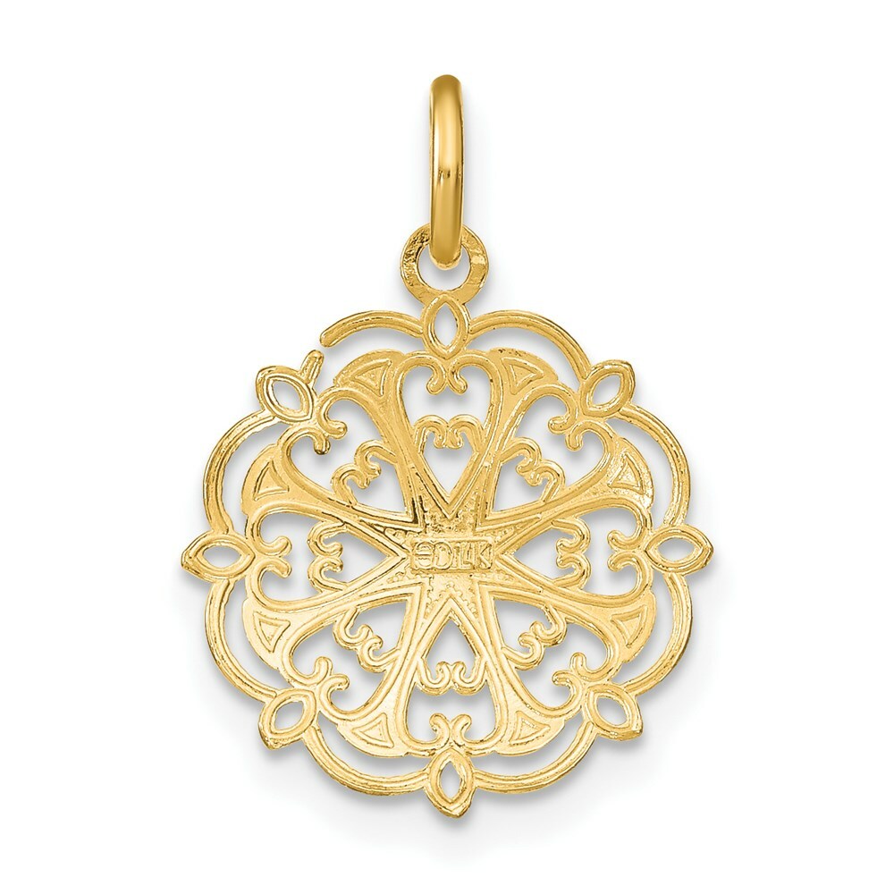 14K Yellow Gold with White Rhodium with Diamond-cut Filigree Heart In Round Frame Charm Pendant