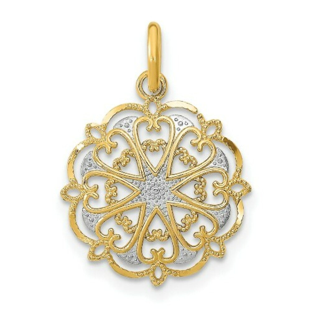 14K Yellow Gold with White Rhodium with Diamond-cut Filigree Heart In Round Frame Charm Pendant