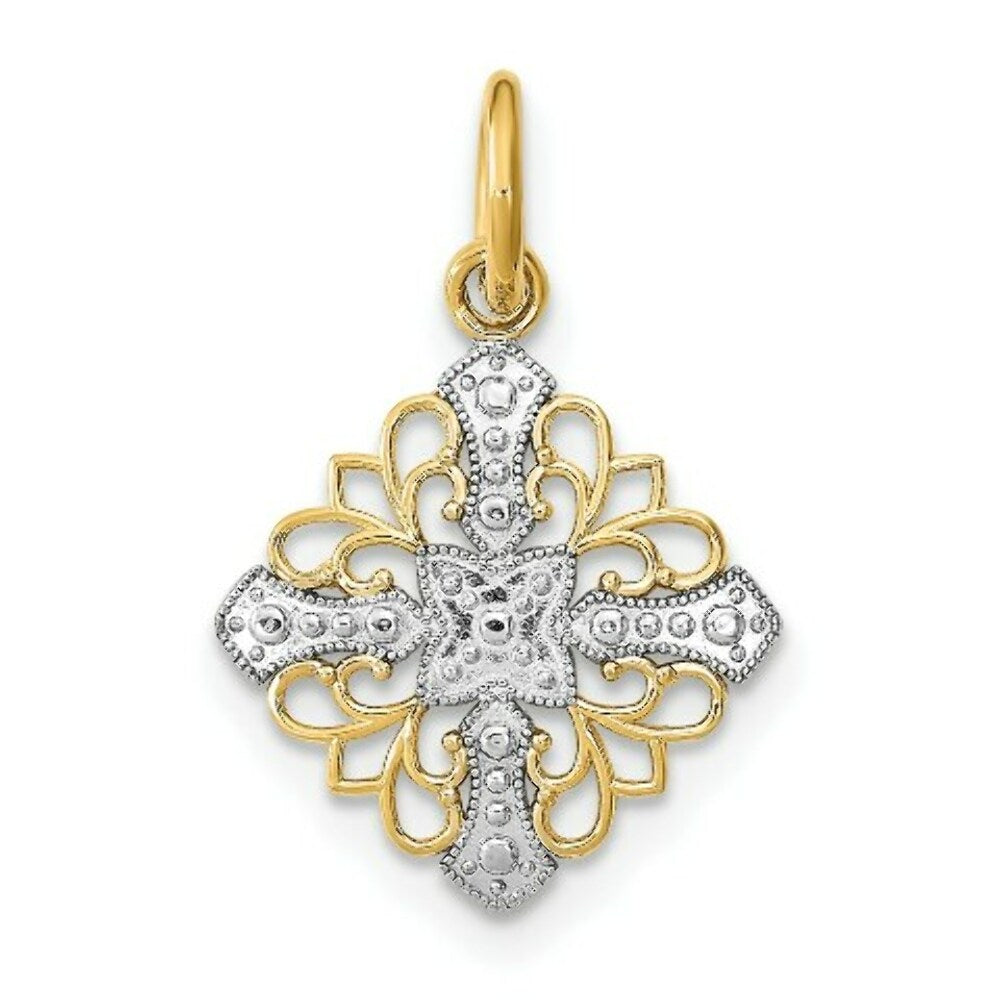 14K Yellow Gold with White Rhodium with Diamond-cut Filigree Medallion Charm Pendant