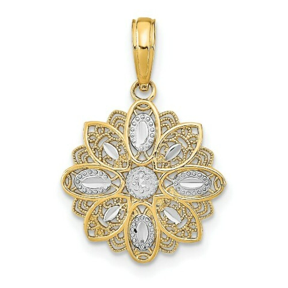 14K Yellow Gold with White Rhodium with Diamond-cut Filigree Flower Charm Pendant