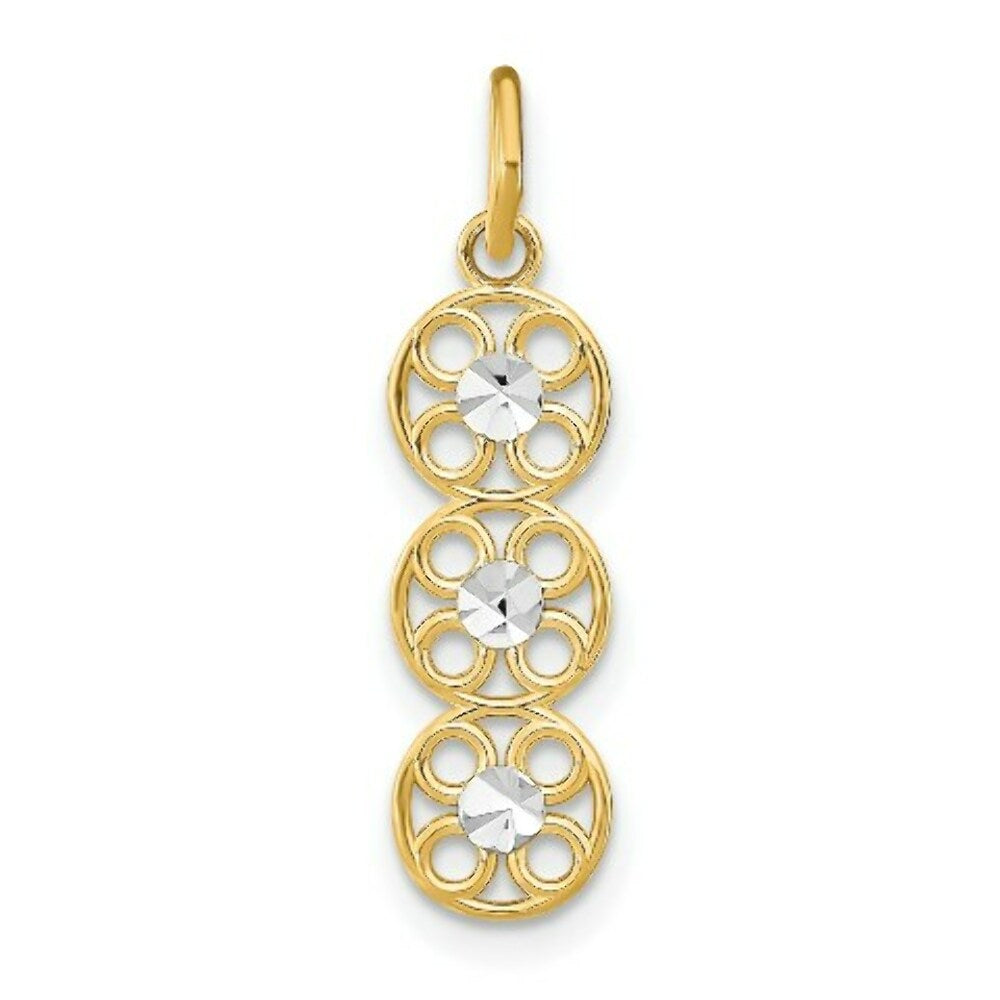 14K Yellow Gold with White Rhodium with Diamond-cut 3 Circle Charm Pendant