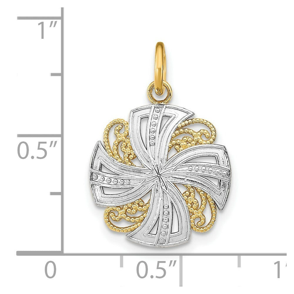 14K Yellow Gold with White Rhodium Pinwheel Medallion Charm Pendant