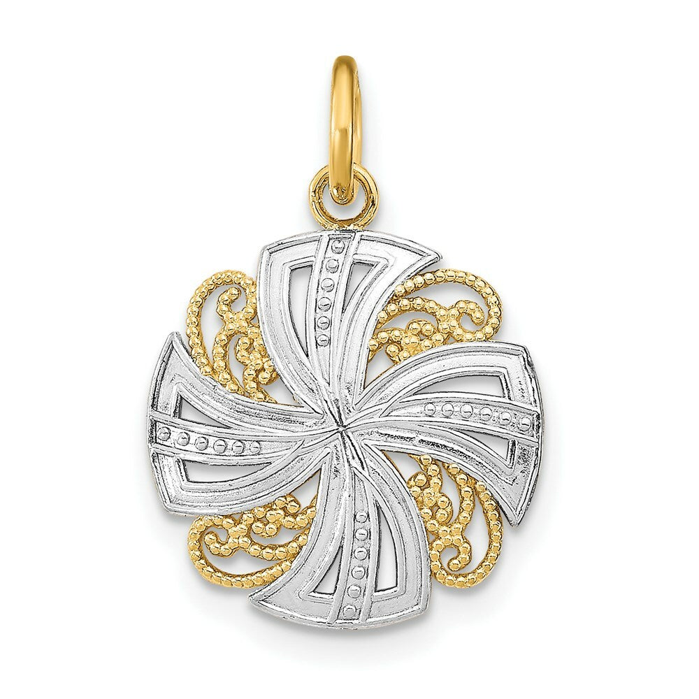 14K Yellow Gold with White Rhodium Pinwheel Medallion Charm Pendant