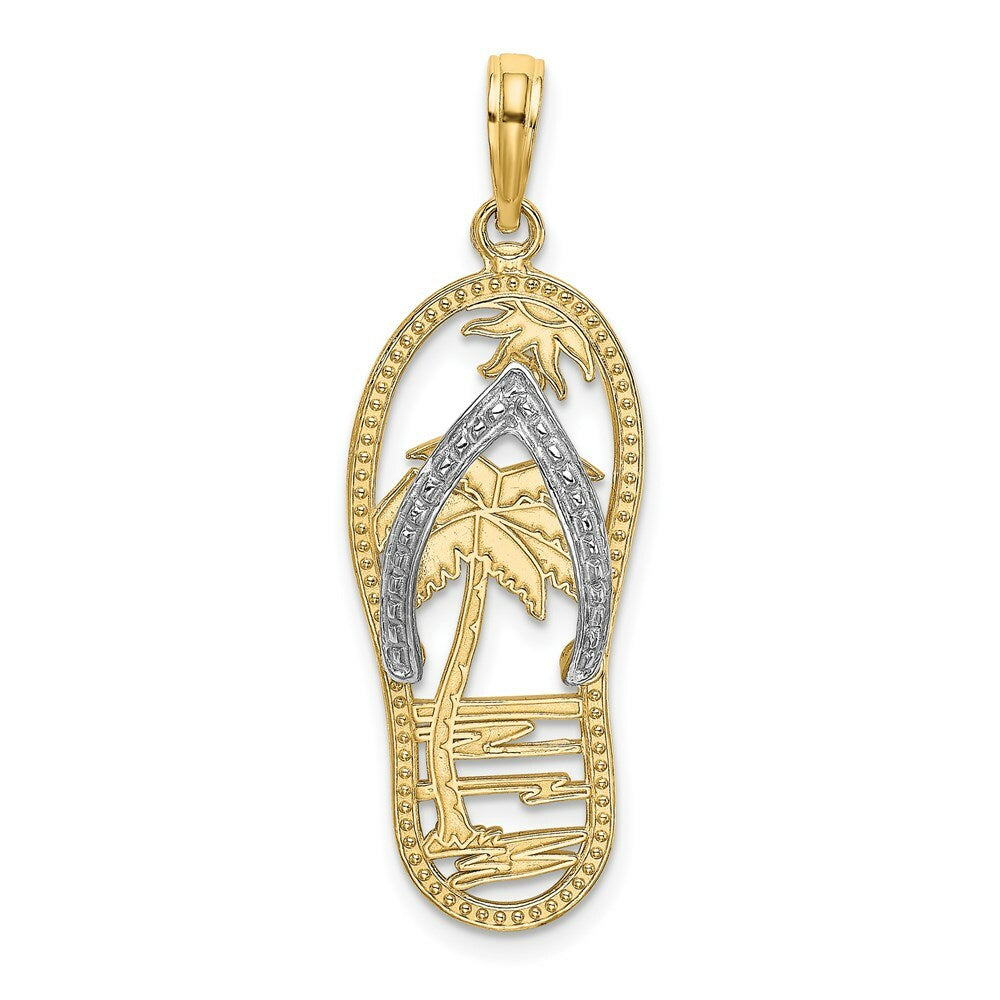 14K Yellow Gold with White Rhodium Palm Tree Flip-Flop Charm Pendant