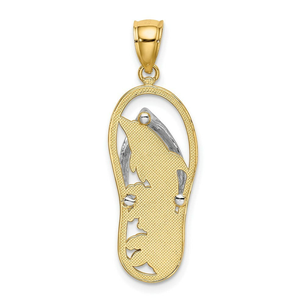 14K Yellow Gold with White Rhodium Dolphin In Flip Flop Charm Pendant