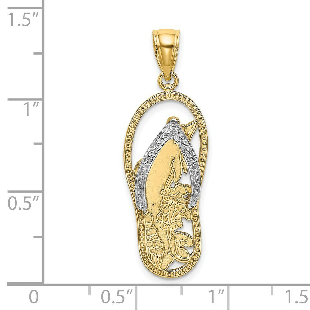 14K Yellow Gold with White Rhodium Dolphin In Flip Flop Charm Pendant