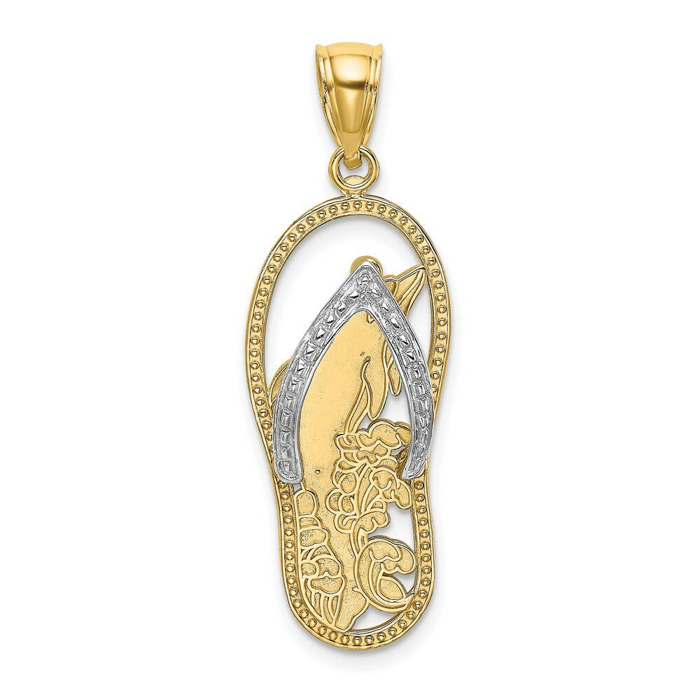 14K Yellow Gold with White Rhodium Dolphin In Flip Flop Charm Pendant
