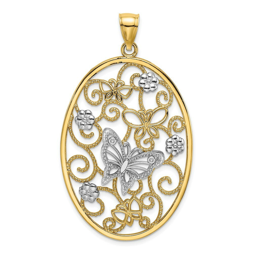 14K Two-tone Gold Butterfly & Flower Cluster in Oval Frame Charm Pendant