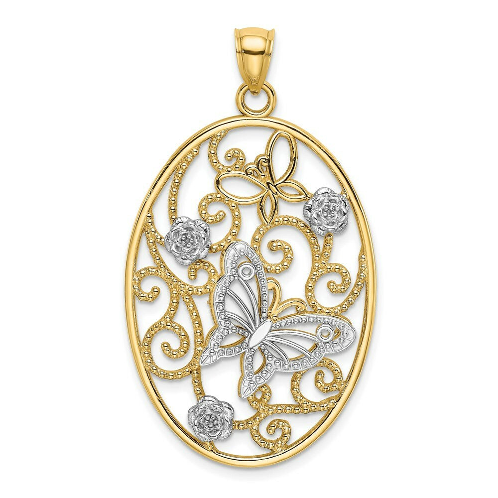 14K Two-tone Gold Butterfly & Flower Cluster in Oval Frame Charm Pendant