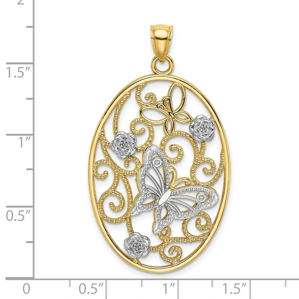 14K Two-tone Gold Butterfly & Flower Cluster in Oval Frame Charm Pendant