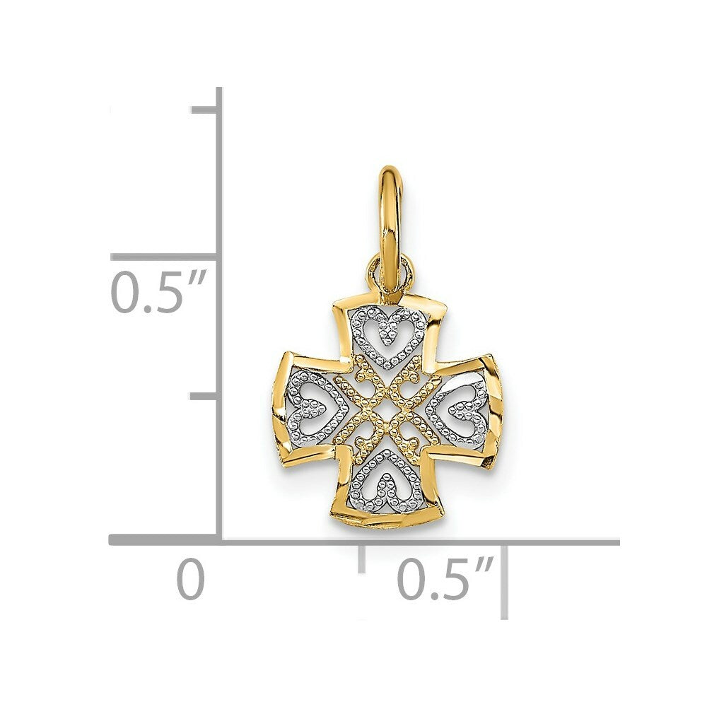 14K Yellow Gold with White Rhodium with Diamond-cut Hearts In Cross Charm Pendant
