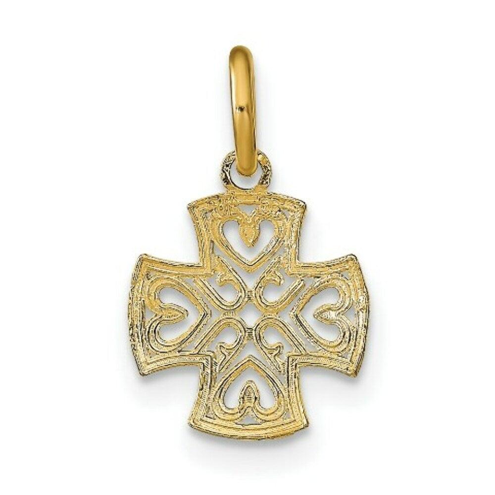 14K Yellow Gold with White Rhodium with Diamond-cut Hearts In Cross Charm Pendant
