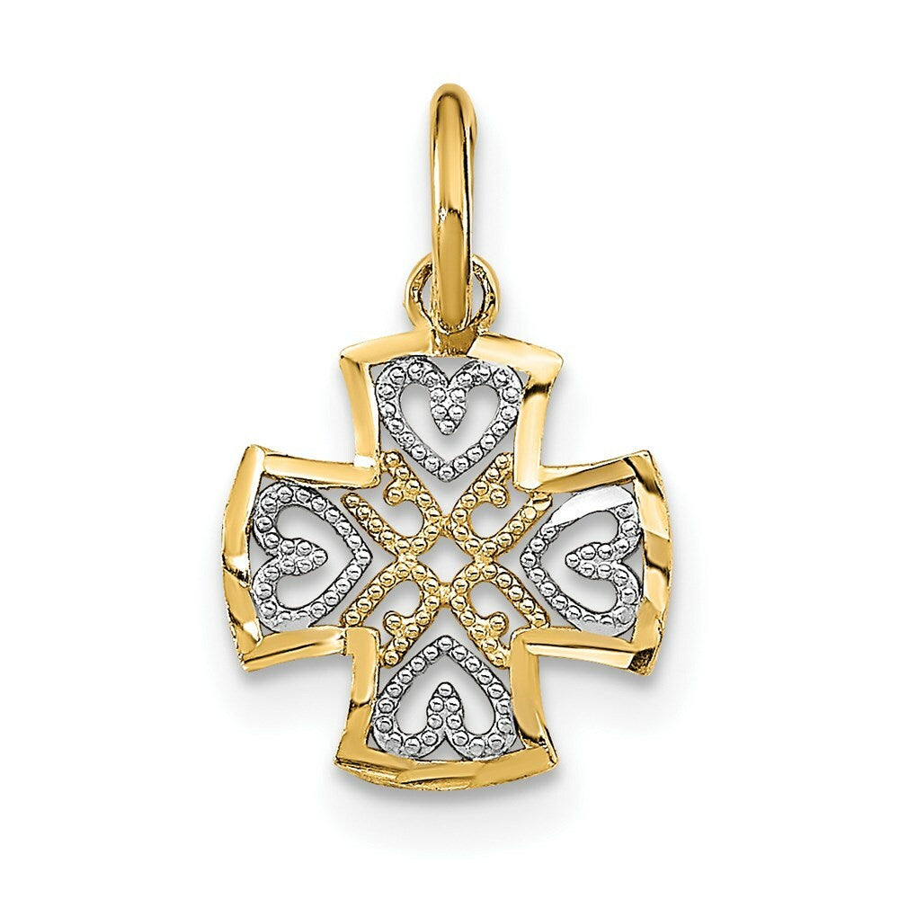 14K Yellow Gold with White Rhodium with Diamond-cut Hearts In Cross Charm Pendant