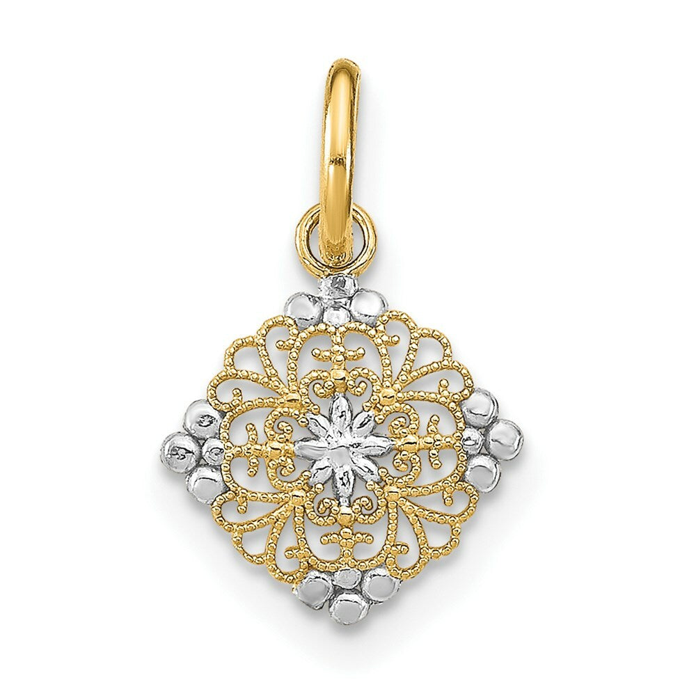 14K Yellow Gold with White Rhodium Diamond-cut Mini Filigree Medallion Charm Pendant