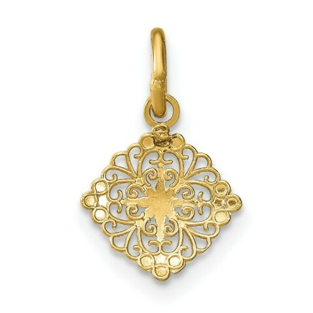 14K Yellow Gold with White Rhodium Diamond-cut Mini Filigree Medallion Charm Pendant